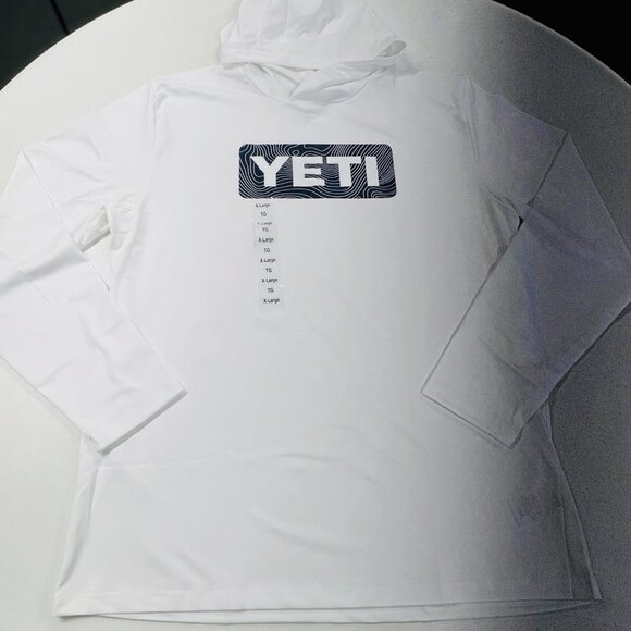 YETI Men’s White Navy Blue Wave Logo Badge Hoodie Long-Sleeve Sunshirt XL NWT - Picture 6 of 6